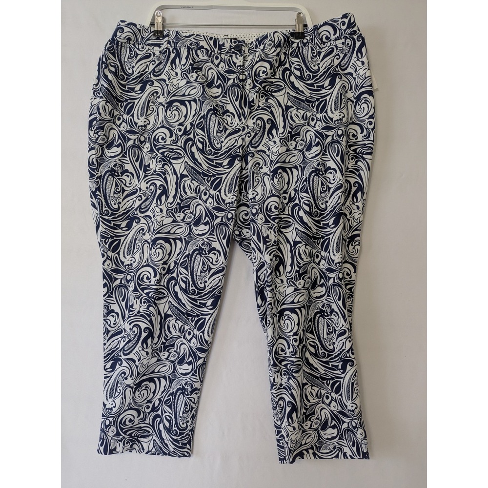 Talbots Perfect Crop Pants Slim Leg Blue White Paisley Plus 22W Office Casual